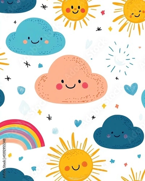 Fototapeta Colorful sunny cloud pattern with cheerful elements.