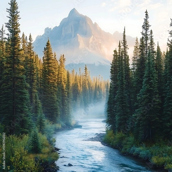 Fototapeta A flowing river winds through a dense forest towards the mountains