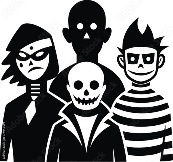 Fototapeta Four villainous figures in a black and white graphic design.