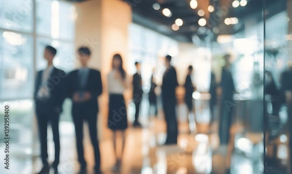Fototapeta Blurred view of a modern business office interior, with silhouetted figures of people walking and interacting