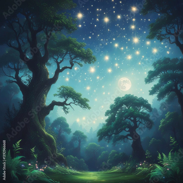 Fototapeta A mystical forest scene illuminated by a soft moonlight, surrounded by towering, ancient trees.