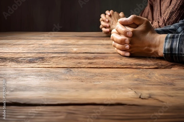 Fototapeta Two individuals clasping hands at a wooden table, conveying a sense of tranquility and introspection