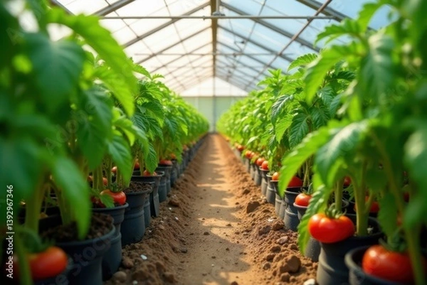 Obraz Neat rows of lush tomato plants thriving in a greenhouse , gardening, red, leaves