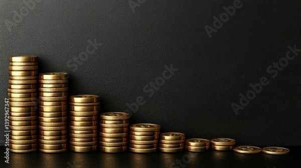 Fototapeta Gold coins stacked in decreasing columns on black surface