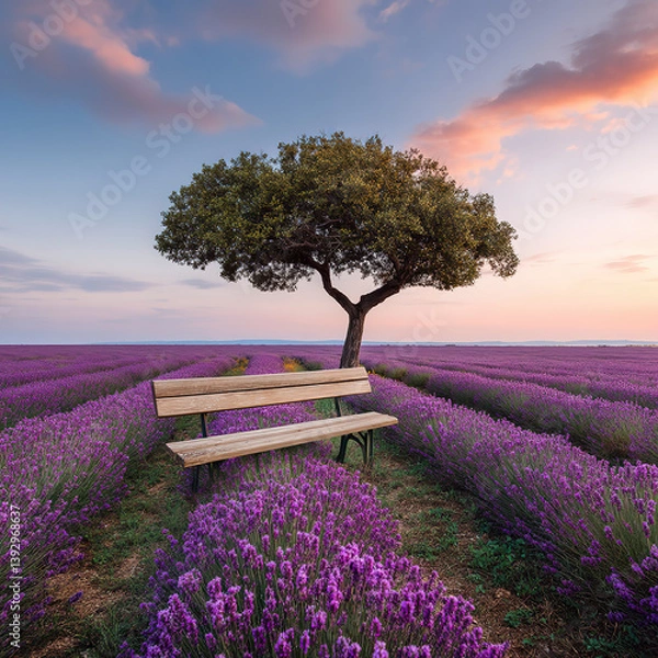 Fototapeta A bench under the tree in the middle of a lavender fields