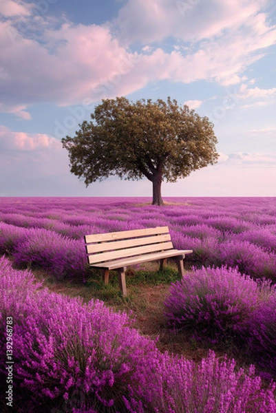 Fototapeta A bench under the tree in the middle of a lavender fields