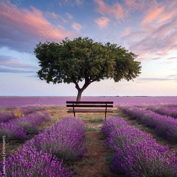Fototapeta A bench under the tree in the middle of a lavender fields