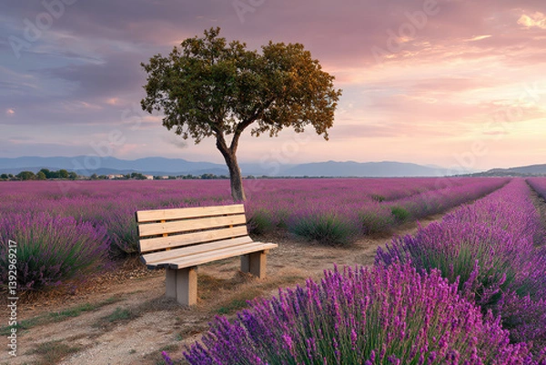 Fototapeta A bench under the tree in the middle of a lavender fields