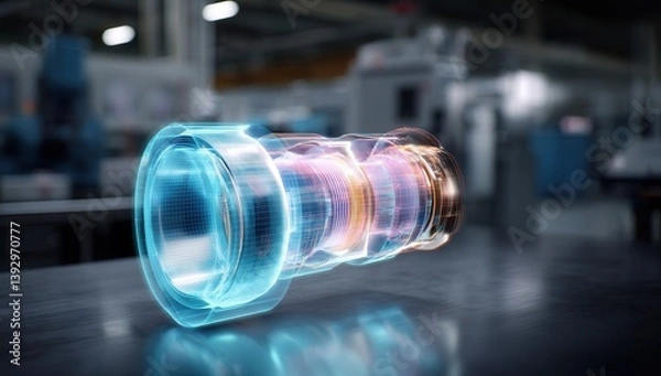 Fototapeta Futuristic holographic lens concept in a high-tech workshop.