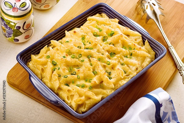 Fototapeta mesa com tigela com macarrão gratinado visto de cima