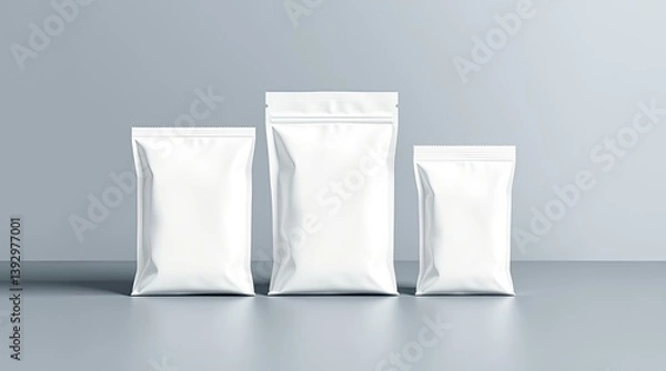 Obraz Three different sized white packaging pouches arranged on a surface