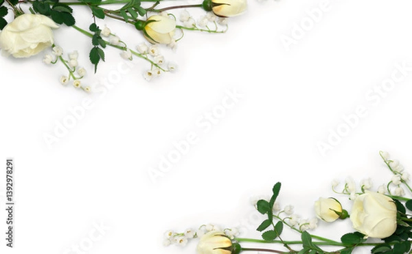 Fototapeta Flowers white small roses, white flowers Lily of the valley ( Convallaria majalis ) on a white background. Top view, flat lay