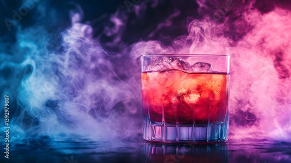 Fototapeta A Cocktail Dream: A richly hued cocktail, infused with ice, resting on a dark surface, is shrouded in a cloud of color, evoking an air of mystery and vibrant atmosphere.