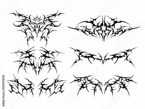 Obraz Set of neo tribal Tattoo. cyber sigilism symmetrical shapes. Cyber ​​Gothic Element streetwear vector design pattern in Abstract black isolated on White background