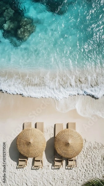 Fototapeta Aerial view showing beach chairs and umbrellas near the ocean waves