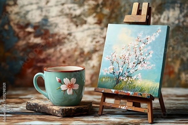 Fototapeta Artful Mother's Day display with a hand-painted mug of coffee next to a small canvas of blooming cherry blossoms on a vintage easel.