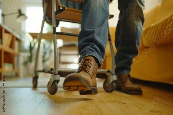 Fototapeta Closeup of Feet Using Walking Aids in a Living Room, senior using walker equipment with assist