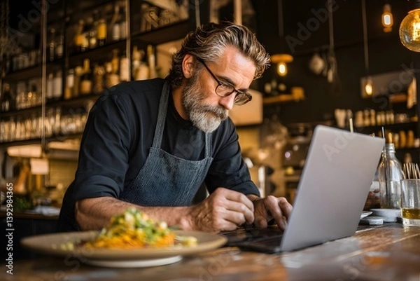Fototapeta A focused restaurant owner meticulously manages business affairs, capturing a moment of dedicated work within the warm ambiance of the establishment.