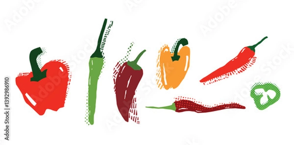 Fototapeta Colorful, hand-drawn illustration of various chili peppers and bell peppers in red, green, yellow, and orange. The textured and artistic sketch style 