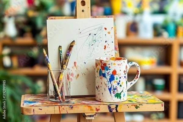 Fototapeta Artistic Mother's Day gathering with a custom sketchbook gift and a paint-splattered mug on an artista??s easel.