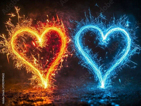 Obraz Two illuminated hearts shaped by glowing sparks of different colors
