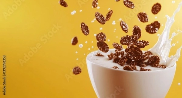 Fototapeta Cereal Flakes Falling Into Bowl with Milk Splash on Yellow Background