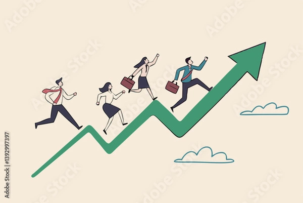 Fototapeta Business growth, growing to success, career development or progress on rising up arrow, team motivation or strategy to reach target concept, business people employee running on growth rising up arrow.