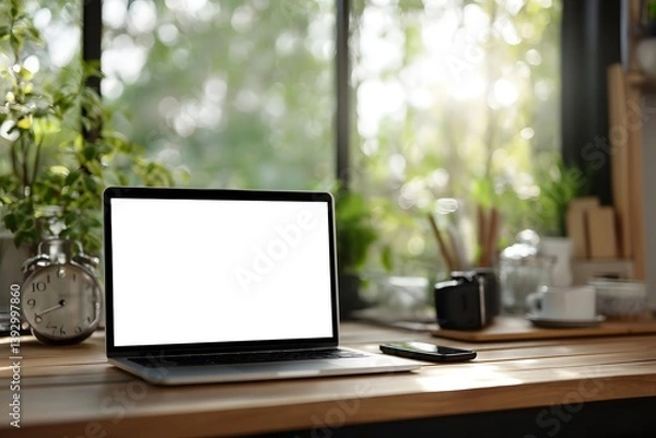 Fototapeta a modern workplace with a laptop and some decorative objects in front of a beautiful view