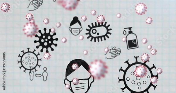 Obraz Image of Covid 19 cells and icons floating over white squared paper