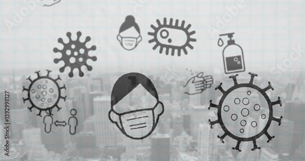 Obraz Image of multiple Covid 19 coronavirus icons moving over cityscape in the background