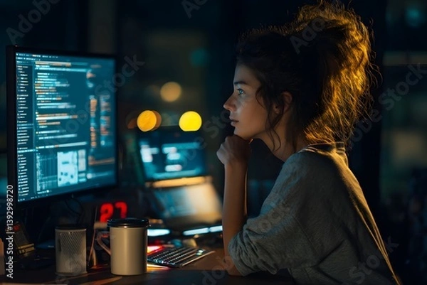 Fototapeta a female programmer focused on coding. The woman is sitting in front of her computer, deeply concentrated, while working on a project