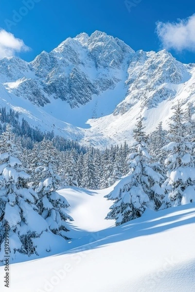 Fototapeta Snowy mountain valley under a bright sky