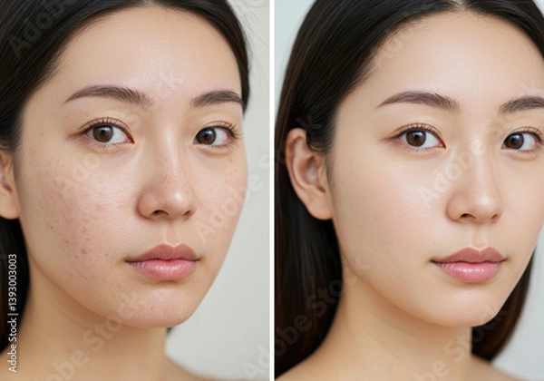 Obraz 若い女性のスキンケアによる肌質改善のビフォーアフター