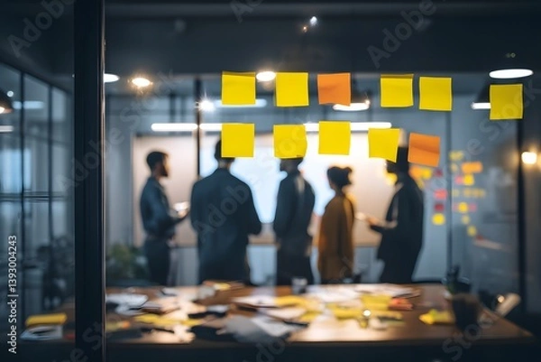 Obraz A business meeting scene with team members. The group of five people appear engaged in discussions, as seen through the office glass