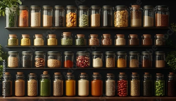Fototapeta Jars of assorted spices neatly arranged on dark wooden shelves