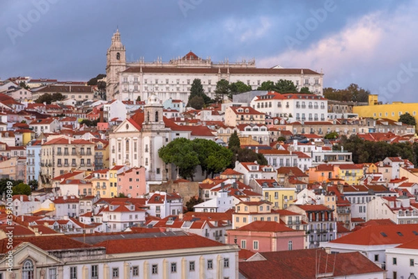 Obraz Panoramic Exposure done from a Cruise ship in the Cruise Ship terminal in Lisbon, of the Alfama neighborhood upon departure on the tagus river, Portugal