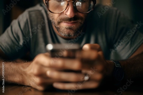 Fototapeta Close-up shot of a man focused on his phone, creating a sense of concentration and contemplation. The man's glasses reflect the screen, showing engagement