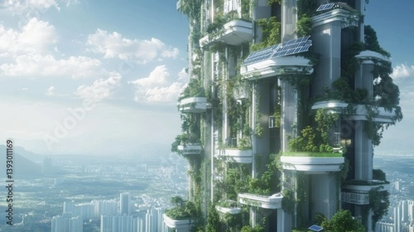 Fototapeta A futuristic skyscraper with solar panels and green rooftops, eco-friendly architecture 