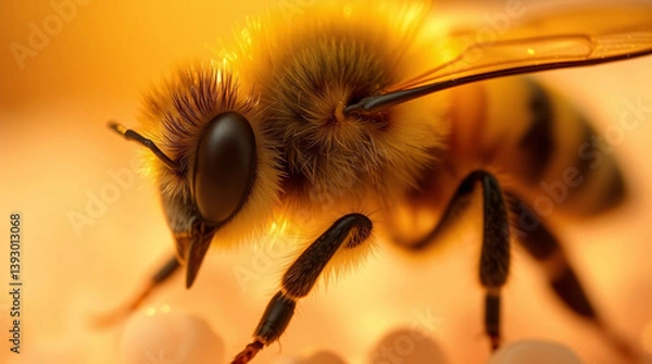 Obraz A detailed close-up of a bee's face, showcasing its large eyes, antennae, and intricate body structure.