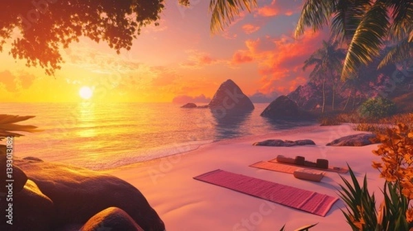 Fototapeta A relaxing yoga session on a beach at sunrise, peaceful and tranquil environment 