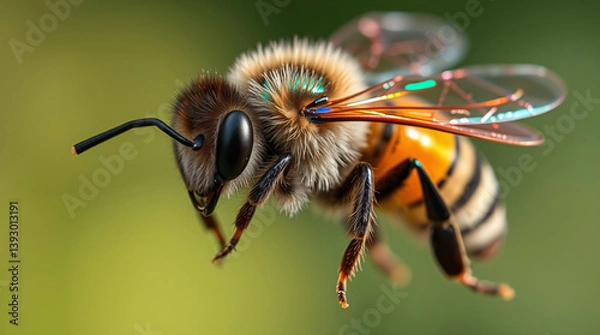 Obraz A detailed close-up of a bee's face, showcasing its large eyes, antennae, and intricate body structure.