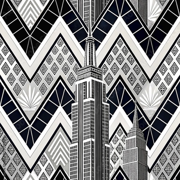 Fototapeta Stylish Black White Art Deco Cityscape Geometric Pattern New York State Retro Lines Print Style     