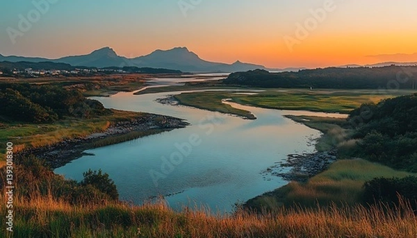 Fototapeta Scenic view of a river and surrounding mountains at sunset