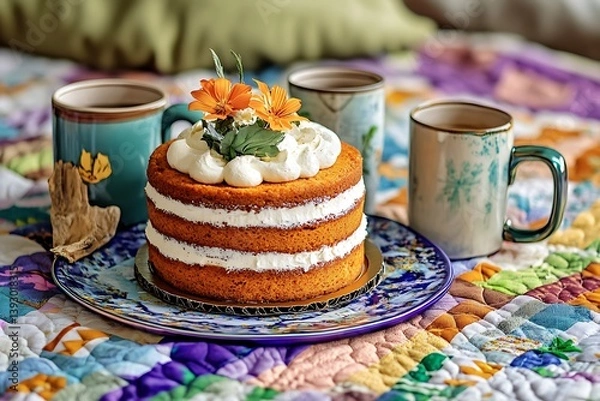 Fototapeta Bohemian Mother's Day setup with a spiced carrot cake and eclectic coffee mugs on a colorful, handmade quilt.