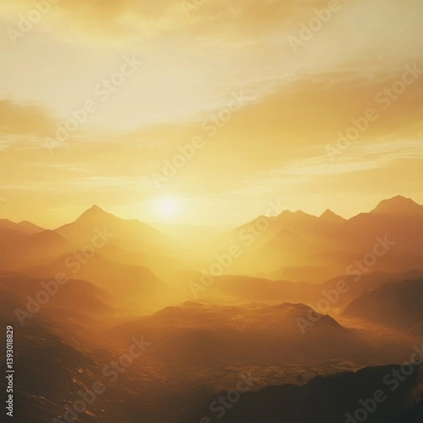 Obraz image of a golden sunrise casting a warm glow over a misty valley isolated on a plain background soft golden light illuminating a valley shrouded in morning mist with distant mountains 
