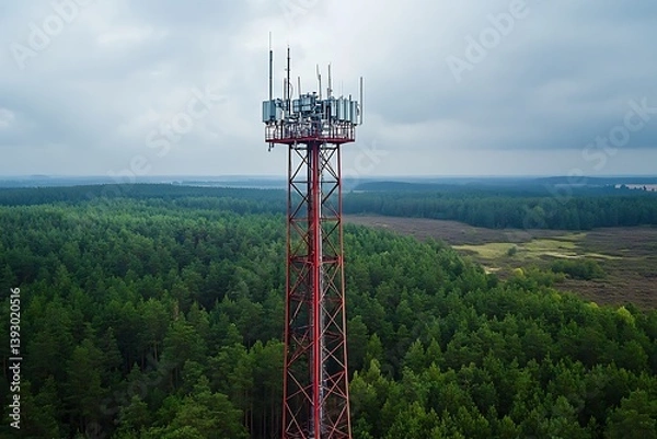 Obraz A tall red communication tower stands over a lush green forest area