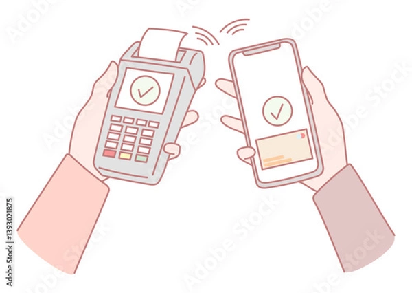 Fototapeta An illustration showing hands actively using a card reader alongside a smartphone for effortless mobile payment