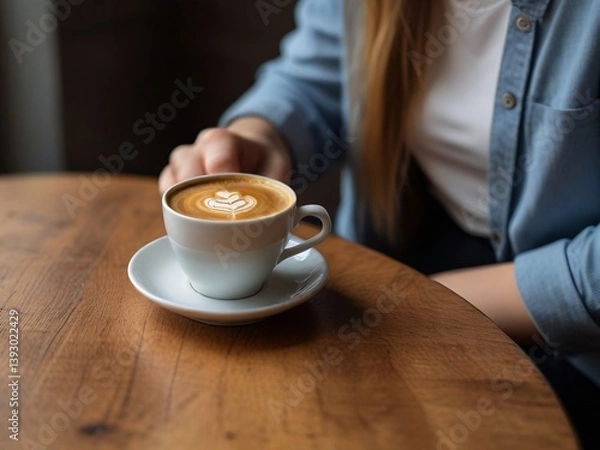 Fototapeta person with cup of latte art coffee