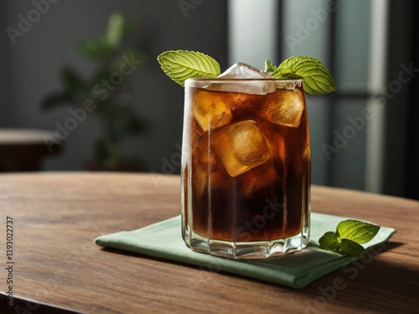 Fototapeta Iced black coffee with mint on a wooden table, blurred background with soft light