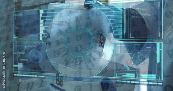 Fototapeta Image of covid 19 cell, medical data processing and scope scanning over scientist in laboratory